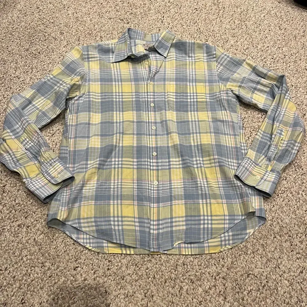 J Crew Madras Long Sleeve Button Down Shirt L Cotton Plaid Preppy Casual Summer